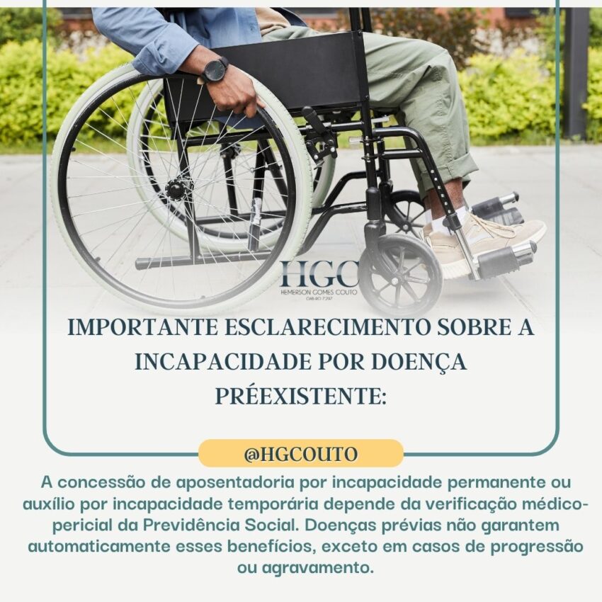 "Importante esclarecimento sobre a incapacidade por doença préexistente: A concessão de aposentadoria por incapacidade permanente ou auxílio por incapacidade temporária depende da verificação médico-pericial da Previdência Social. Doenças prévias não garantem automaticamente esses benefícios, exceto em casos de progressão ou agravamento. Consulte um especialista em direito previdenciário para compreender seus direitos de maneira completa. #DireitoPrevidenciário #IncapacidadePermanente #AuxílioTemporário"